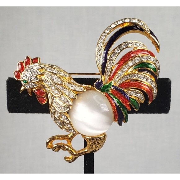 Vintage Moonstone Jelly Belly Body Enamel Crystal Rhinestone Rooster Brooch - Picture 3 of 13